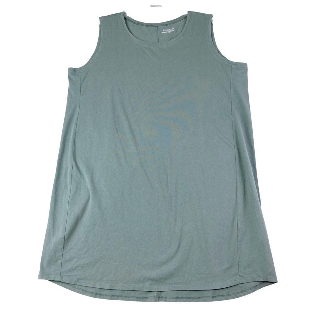 Eileen Fisher 1X Green Cotton Spandex Sleeveless Tunic Tank Top Lagenlook Casual
